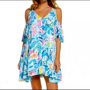 Lilly Pulitzer Bellamie Dress in Serene Blue Tippy Top Large Cold Shoulder